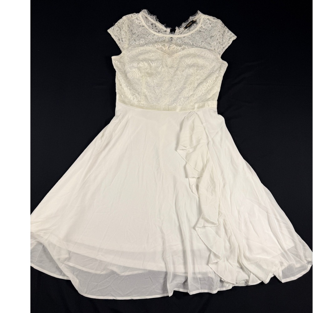 Miusol White Lace Chiffon Cap Sleeve‎ Ruffle Cocktail Dress Large L Wedding